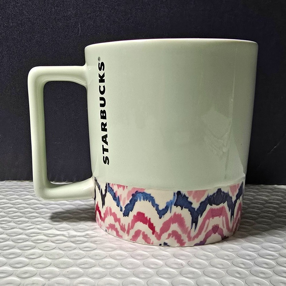 Starbucks 12 fl oz Mug Mint Green Pink & Blue Chevron Pattern Square Handle 2017